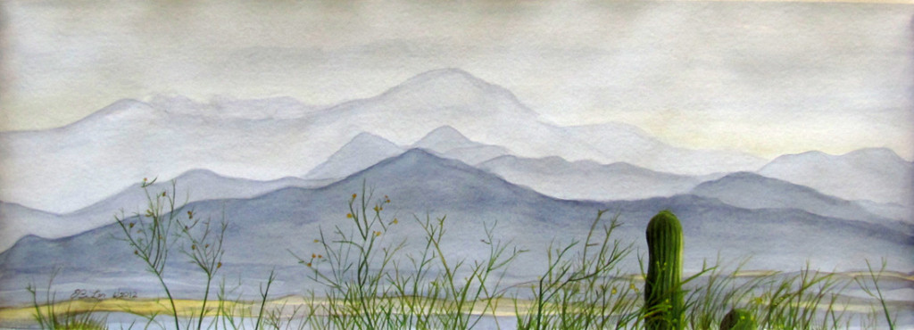 Watercolor of mountains in Tucson with some desert brush in the foreground.