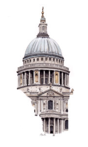 Watercolor, pen and ink of St Paul's Cathedral in London by artist Esther BeLer Wodrich