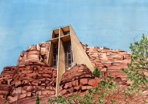Watercolor, pen and ink painting of the Chapel of the Holy Cross in Sedona, Arizona by artist Esther BeLer Wodrich