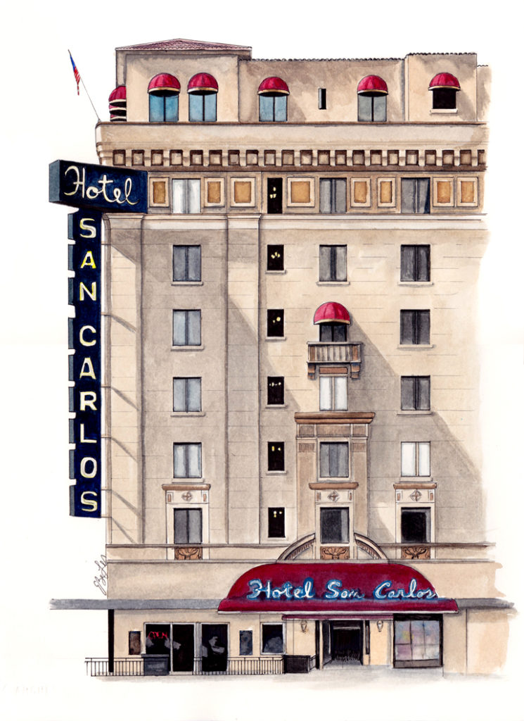 Watercolor, pen and ink of the Hotel San Carlos in Phoenix, AZ by artist Esther BeLer Wodrich