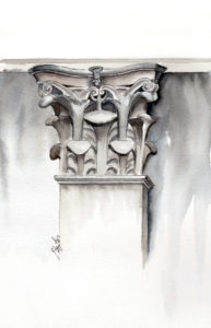 Architecture watercolor, pen and ink painting of a capital from a column outside of a subway stations in NYC. Art by artist Esther BeLer Wodrich. 