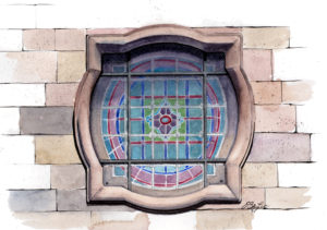 Architecture watercolor, pen and ink of a window at the Historic First Presbyterian Church in Phoenix, Arizona. Art by artist Esther BeLer Wodrich.