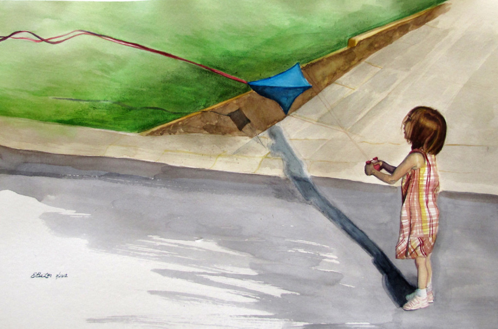 A watercolor of a young girl flying a kite in the middle of the road. 
