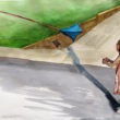 A watercolor of a young girl flying a kite in the middle of the road.