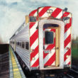 A watercolor painting of a BNSF commuter training leaving Naperville and heading to Chicago.