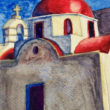 Small watercolor drawing of a red roofed church in Mykonos, Greece