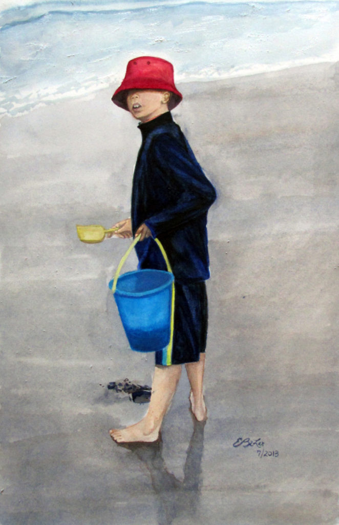 Watercolor of a boy at the beach in San Diego holding a bucket and shovel. 