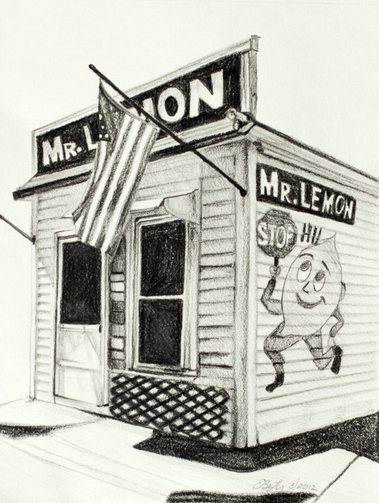 A graphite drawing of the Mr. Lemon ice stand in Providence Rhode Island.