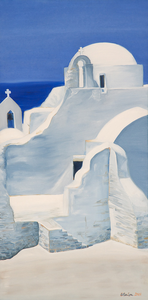 Church in Mykonos is an oil painting of the white Church of Panagia Paraportiani in Mykonos set back against blue sky and sea by artist Esther BeLer Wodrich