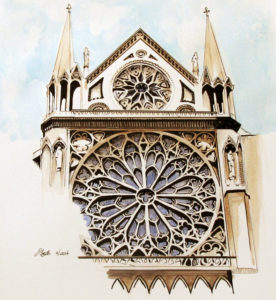 Watercolor, pen and ink of the Notre Dame cathedral in France. Created by Esther BeLer Wodrich