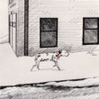 A pen and ink drawing of a dalmation dog on a snowy street in Providence Rhode Island. She was the fire department mascot.