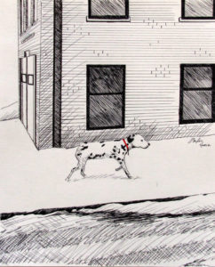 A pen and ink drawing of a dalmation dog on a snowy street in Providence Rhode Island. She was the fire department mascot.
