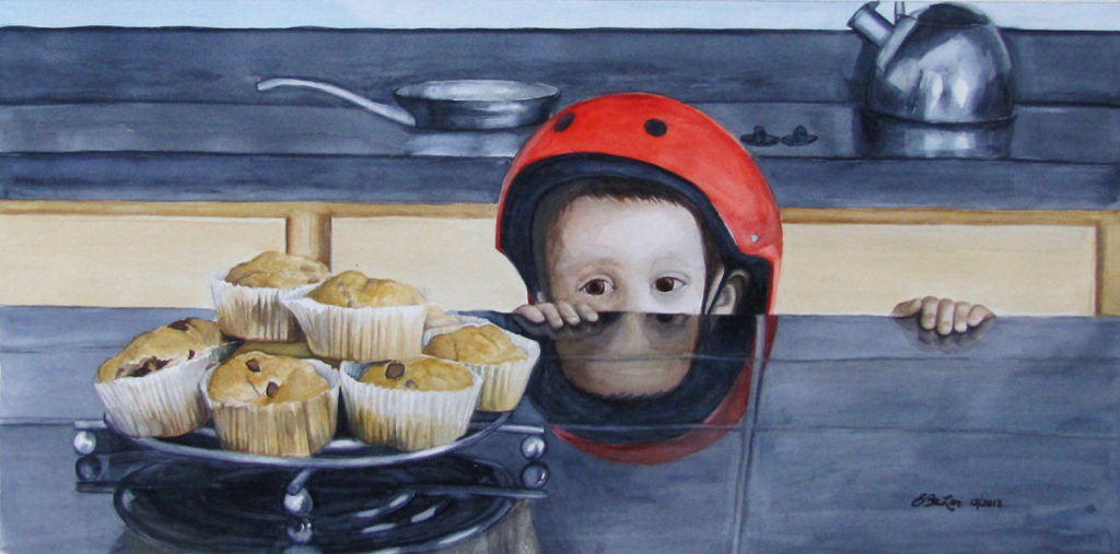 Watercolor of a small boy looking at muffins on the kitchen counter.