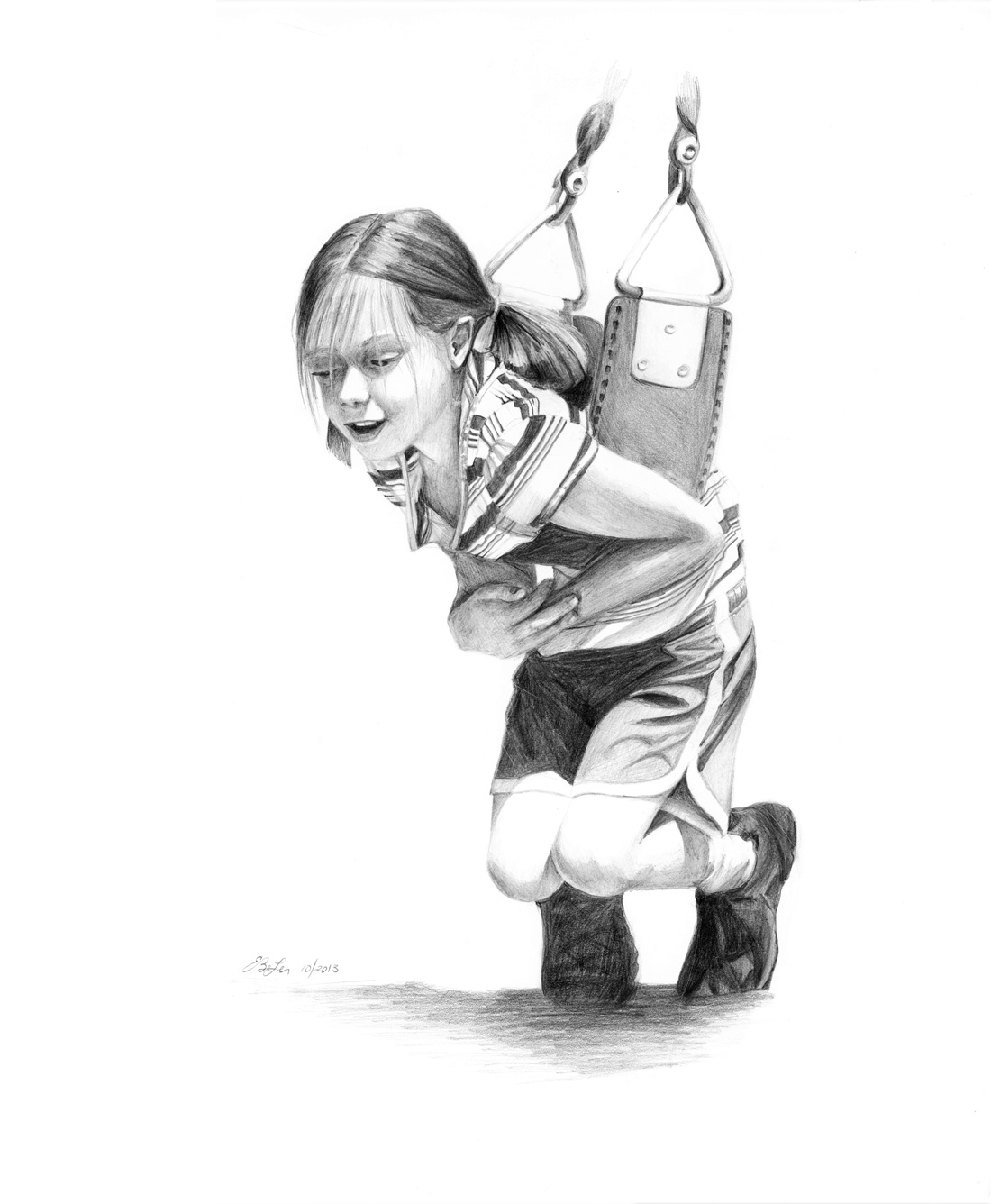 "Swinging" - a graphite drawing of a girl hanging on a swing.