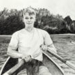 Graphite drawing of a young man rowing a boat in Versailles, France