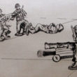 A pen and ink on grey artist paper drawing of toy army soldiers as a child had them displayed on tile.