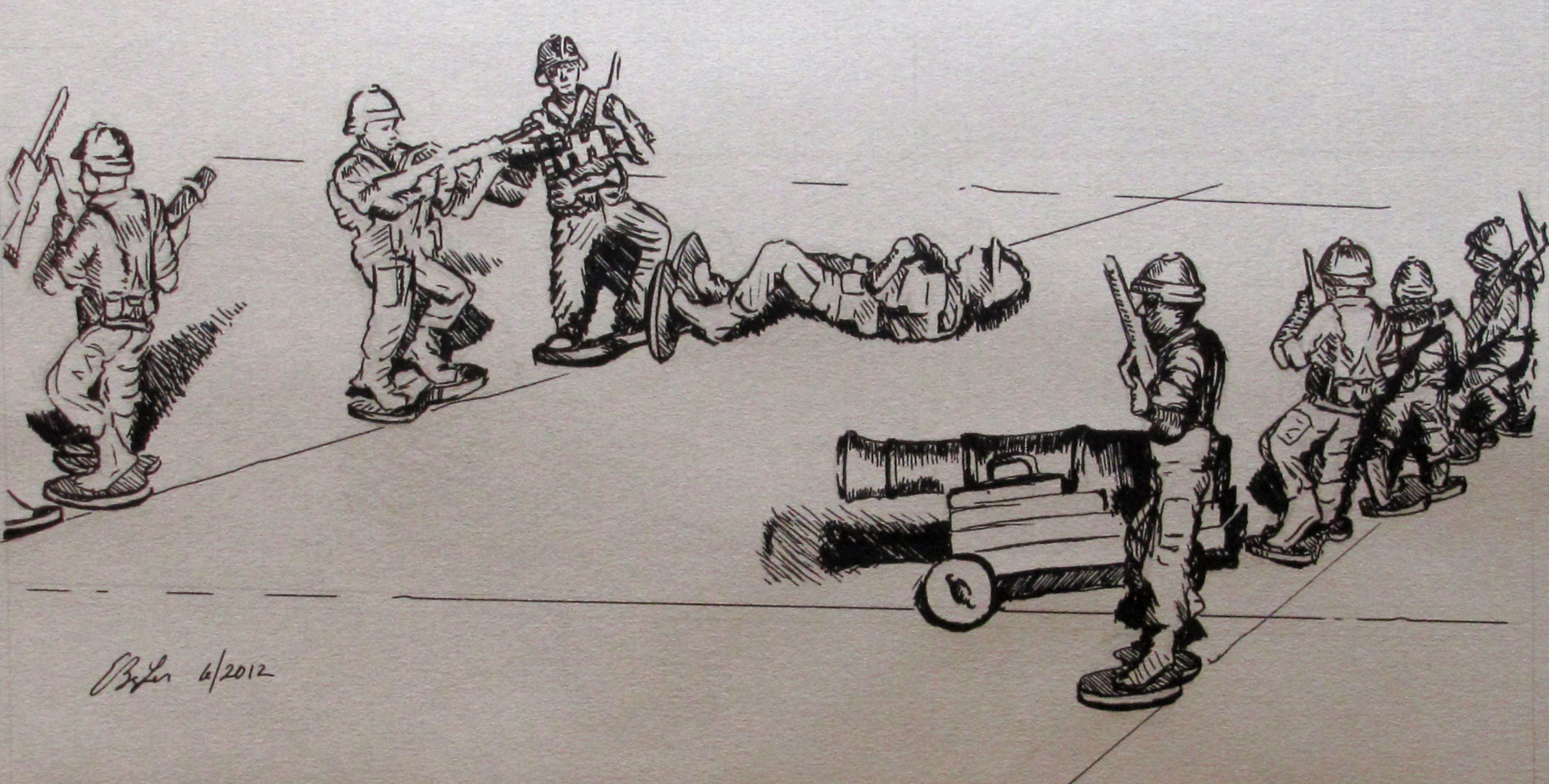 A pen and ink on grey artist paper drawing of toy army soldiers as a child had them displayed on tile.