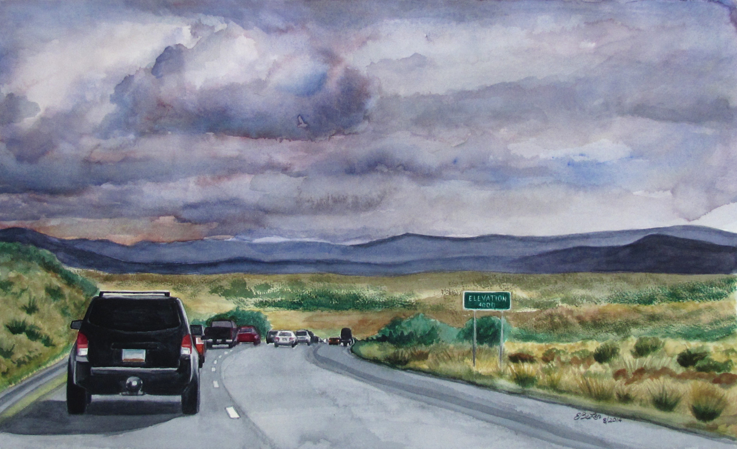 Heading down is a watercolor painting of road heading back to Phoenix from Flagstaff at 4000 feet by artist Esther BeLer Wodrich