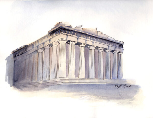 The Erechtheion is a pen, ink and watercolor artwork of the Erechtheum on the Acropolis in Athen's Greece by Artist Esther BeLer Wodrich