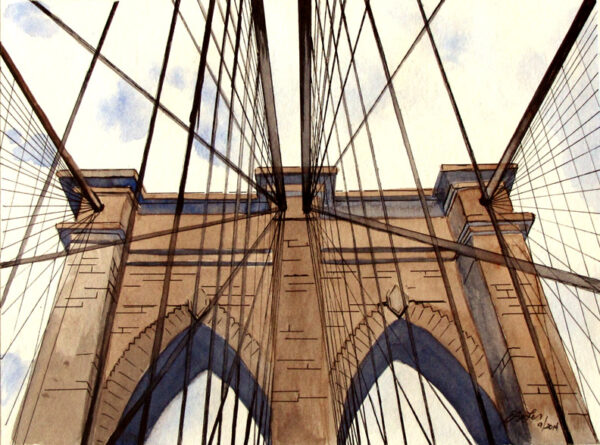 Watercolor with pen and ink of Brooklyn Bridge in New York City by artist Esther BeLer Wodrich
