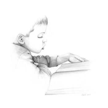 Christian, Age 5 is a graphite drawing of a young boy reading a book by artist Esther BeLer Wodrich