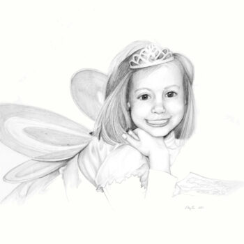 Clara, Age 4 is a graphite drawing of a young girl dressed up with fairy wings and coloring a coloring page by artist Esther BeLer Wodrich