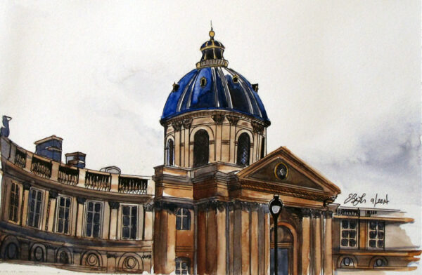 Watercolor, pen and ink architecture painting of Institut de Francais in Paris, France by Esther BeLer Wodrich