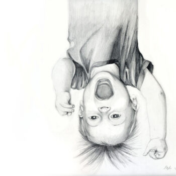 Graphite drawing of Peter, a child hanging upside down by artist Esther BeLer Wodrich