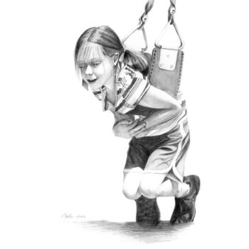 "Swinging" is a graphite drawing of a young girl hanging on a swing by artist Esther BeLer Wodrich
