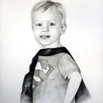 Thomas, Age 3 is a graphite drawing of a young boy wearing a superman cape and shirt by artist Esther BeLer Wodrich