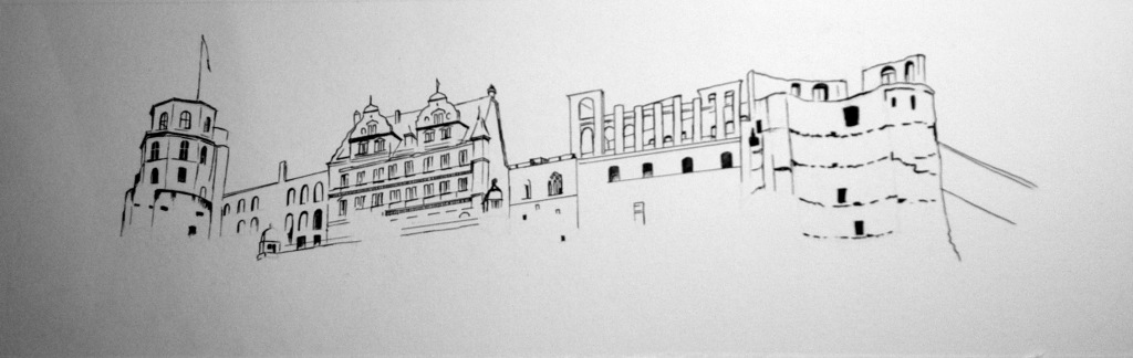 Pen and ink of Heidelberg Castle, in progress by Esther BeLer Wodrich