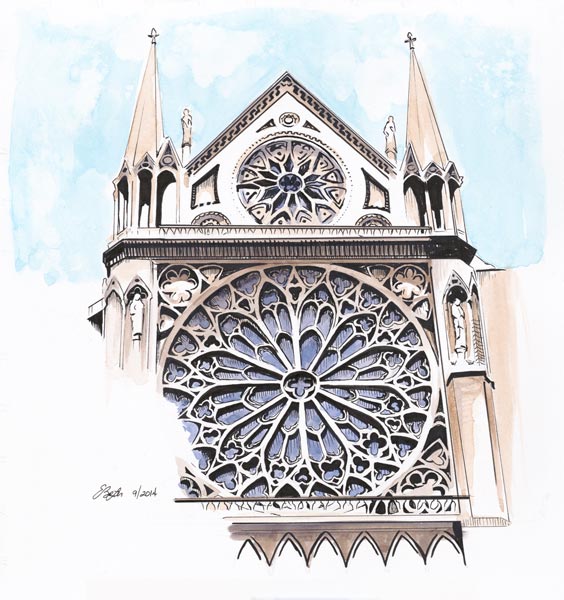 Notre Dame is a watercolor, pen and ink of Notre Dame Cathedral Rose from the cathedral in Paris, France by artist Esther BeLer Wodrich