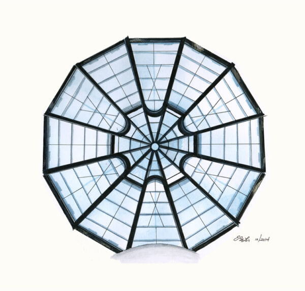The glass ceiling of the Guggenheim museum in New York City, in watercolor, pen and ink by artist Esther BeLer Wodrich