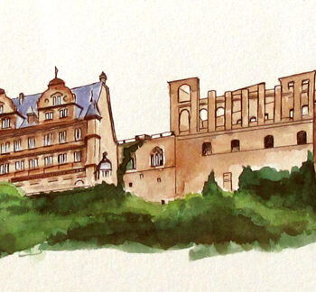 Watercolor, pen and ink architecture painting of Heidelberg Castle, Germany, by artist Esther BeLer Wodrich
