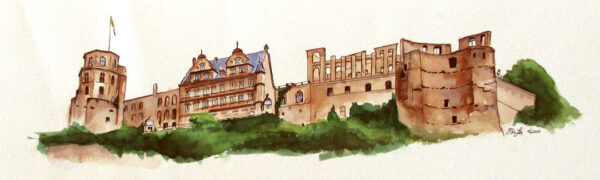 Watercolor, pen and ink architecture painting of Heidelberg Castle, Germany, by artist Esther BeLer Wodrich