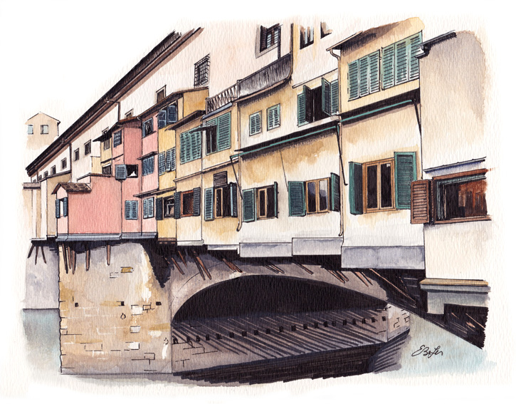 Watercolor, pen and ink architecture painting of Ponte Vecchio Bridge in Florence, Italy. Private commission by artist Esther BeLer Wodrich.