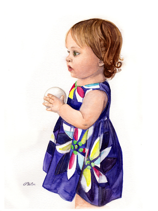 Commissioned watercolor painting of "Katie" in a bright dress holding a ball