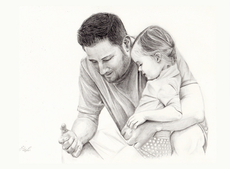 Private commission graphite drawing of a father and daughter talking together
