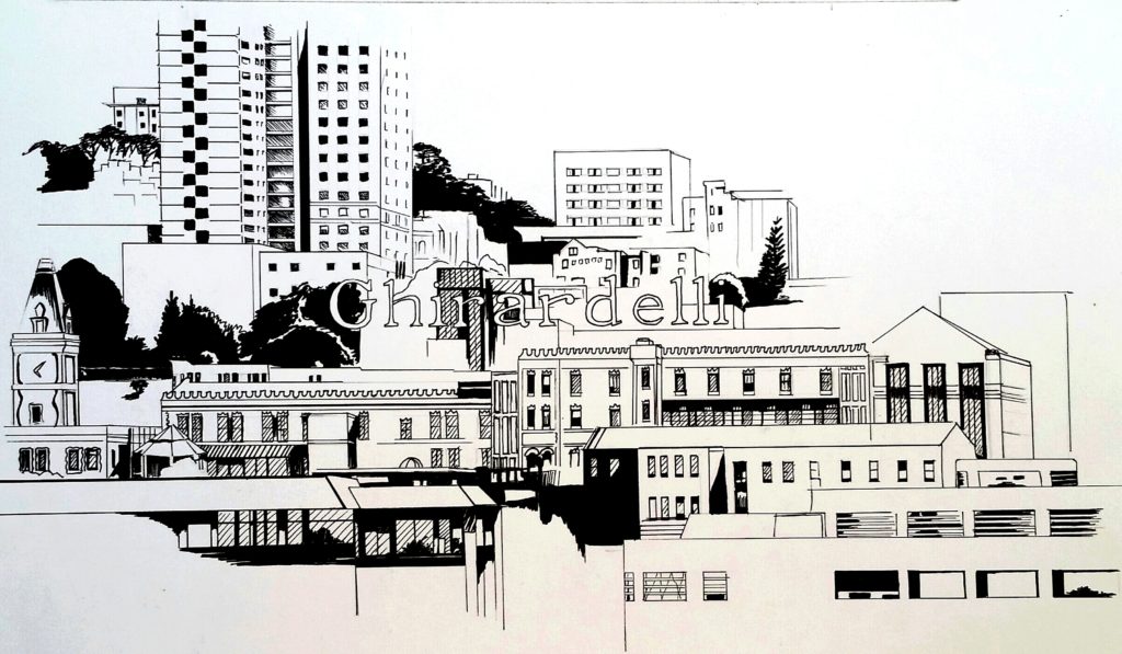 Pen and ink of part of the San Francisco skyline that includes the Ghirardelli sign. By Esther BeLer Wodrich