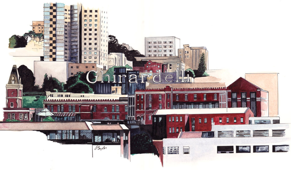 Watercolor of part of San Francisco skyline with Ghirardelli sign as focal point