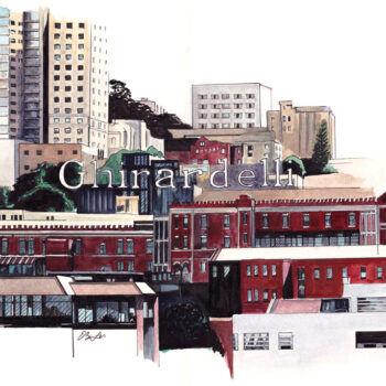 Ghirardelli is a watercolor, pen and ink of part of San Francisco skyline with Ghirardelli sign as focal point by artist Esther BeLer Wodrich