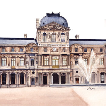 Le Louvre is a watercolor, pen and ink architecture painting of the Louvre art museum in Paris, France by artist Esther BeLer Wodrich
