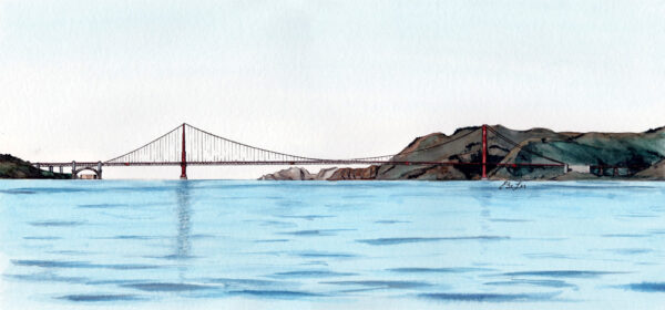 San Francisco Bay is a watercolor, pen and ink architecture painting of the Golden Gate Bridge over the San Francisco Bay by artist Esther BeLer Wodrich