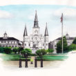 Jackson Square is a watercolor, pen and ink painting of Jackson Square in New Orleans by artist Esther BeLer Wodrich.