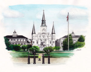Watercolor, pen and ink painting of Jackson Square in New Orleans by artist Esther BeLer Wodrich.
