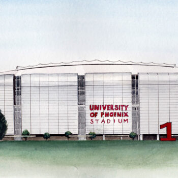 Cardinal's Stadium Front is a watercolor, pen and ink architecture painting of the Arizona Cardinal's, University of Phoenix Stadium in Glendale, Arizona by artist Esther BeLer Wodrich