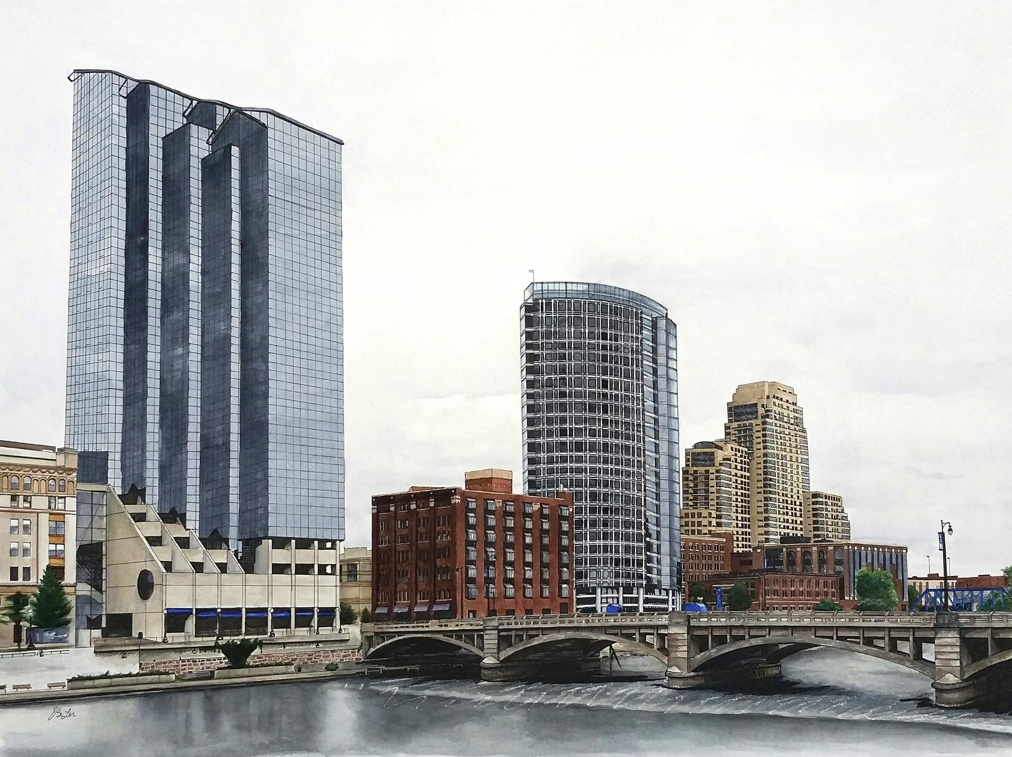 Large scale watercolor, pen and ink of the Grand Rapids, Michigan skyline by Esther BeLer Wodrich