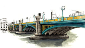Watercolor, pen and ink of Southwark Bridge in London, UK by artist Esther BeLer Wodrich