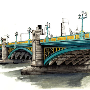 "Southwark Bridge" is a watercolor, pen and ink architecture painting of Southwark Bridge in London, England by artist Esther BeLer Wodrich
