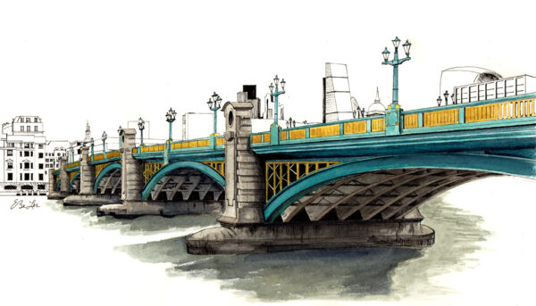 "Southwark Bridge" is a watercolor, pen and ink architecture painting of Southwark Bridge in London, England by artist Esther BeLer Wodrich